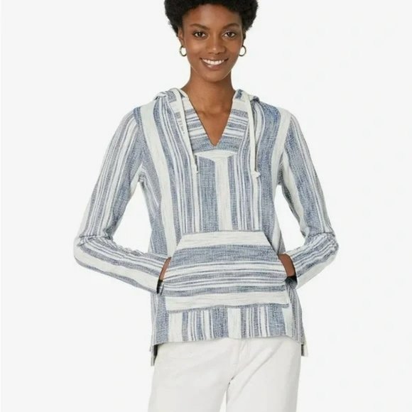 Faherty Islet Knit Poncho Hoodie Baja Top‎ Blue Stripes Pullover Size XS NWT - Picture 1 of 7